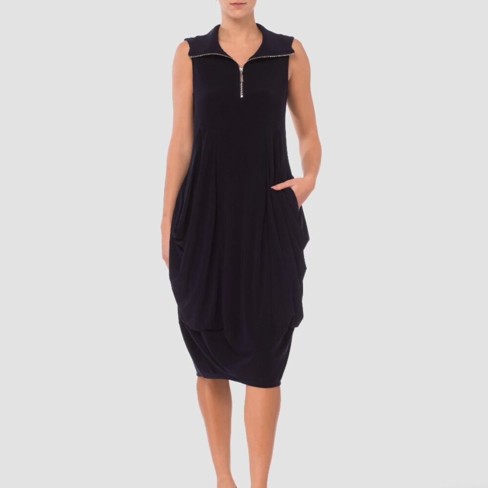 JOSEPH RIBKOFF navy blue jersey draped bubble zipper detail dress